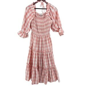 Ivy City Co Pink Gingham Smocked Tiered Midi Farm Dress Womens Large Cottagecore